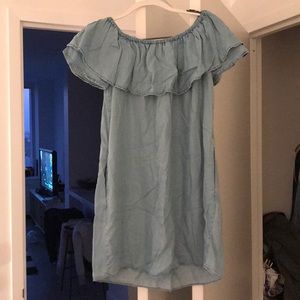 Zara Dresses - Zara Ruffled Off-The-Shoulder Chambray Mini Dress Zara Dresses - Zara Ruffled Off-The-Shoulder Chambray Mini Dress